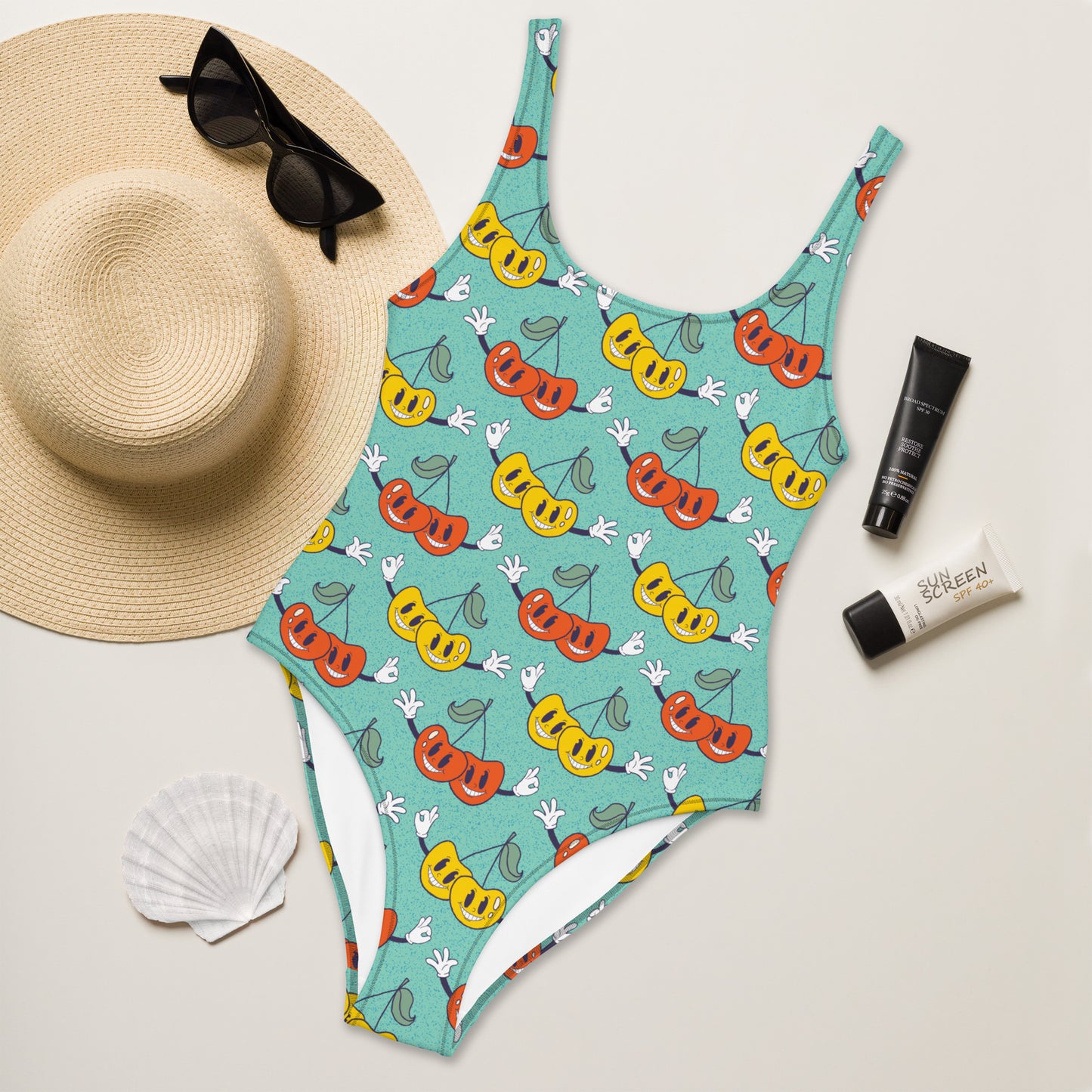 Retro Cartoon Cherries One-Piece Swimsuit