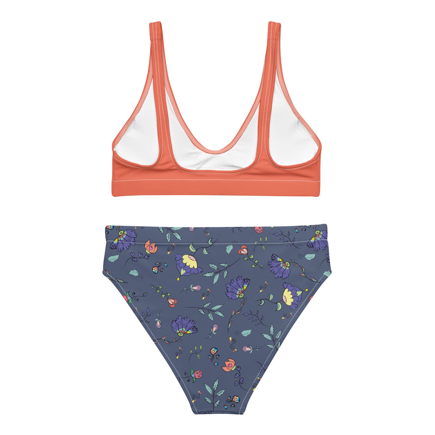 Tangerine & Floral Pattern High-Waist Bikini Set