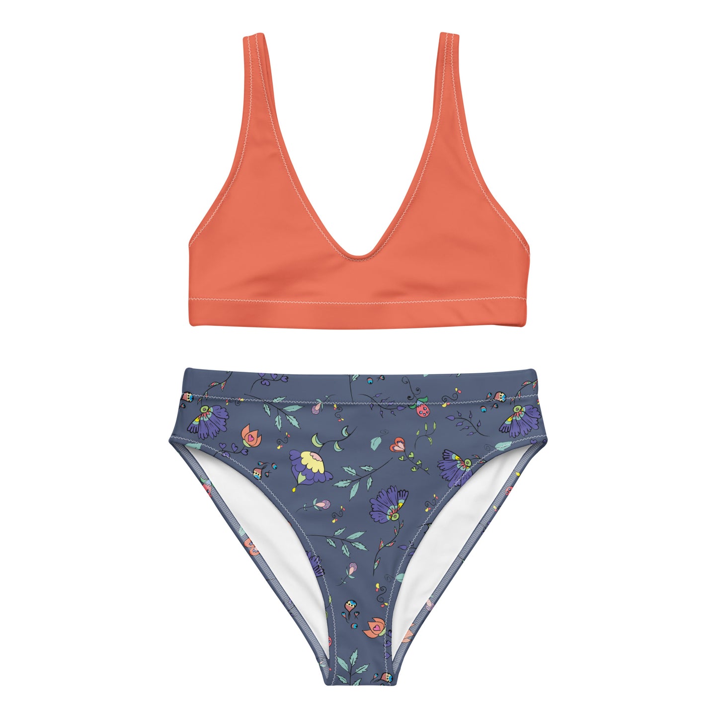 Tangerine & Floral Pattern High-Waist Bikini Set