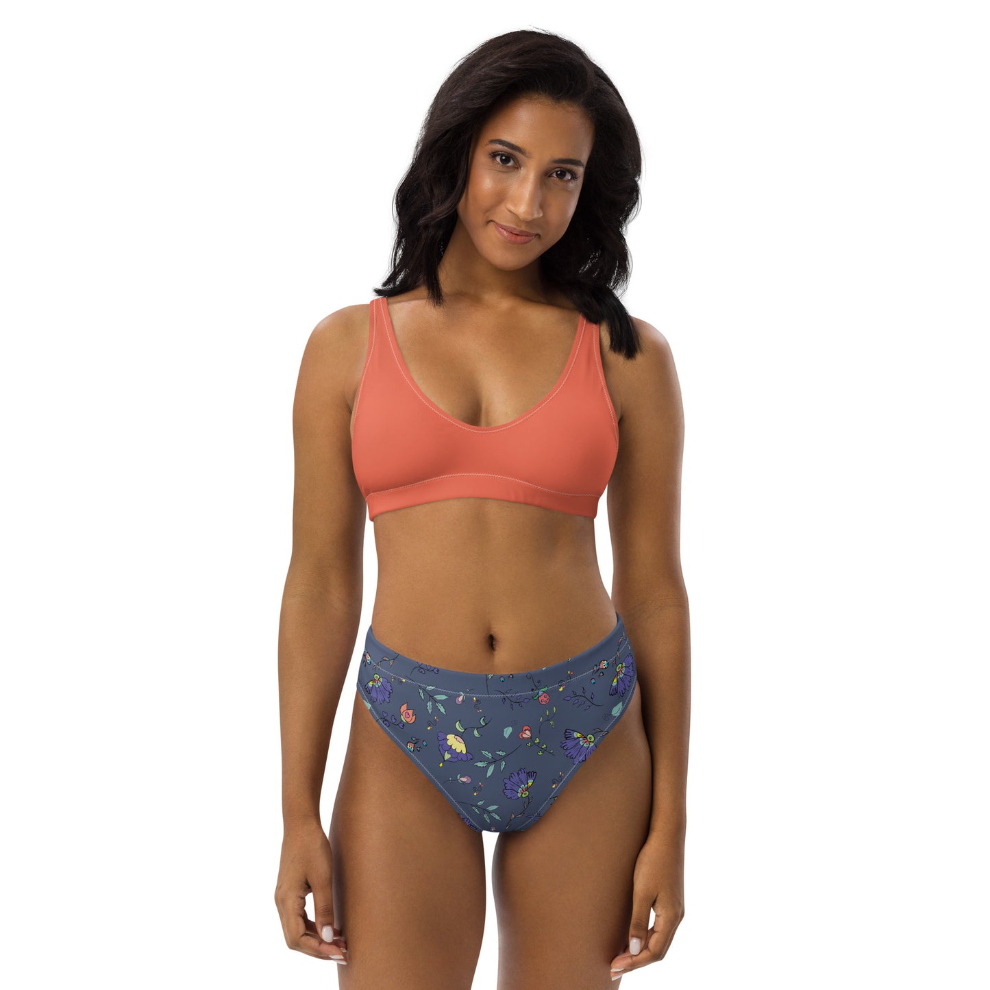 Tangerine & Floral Pattern High-Waist Bikini Set